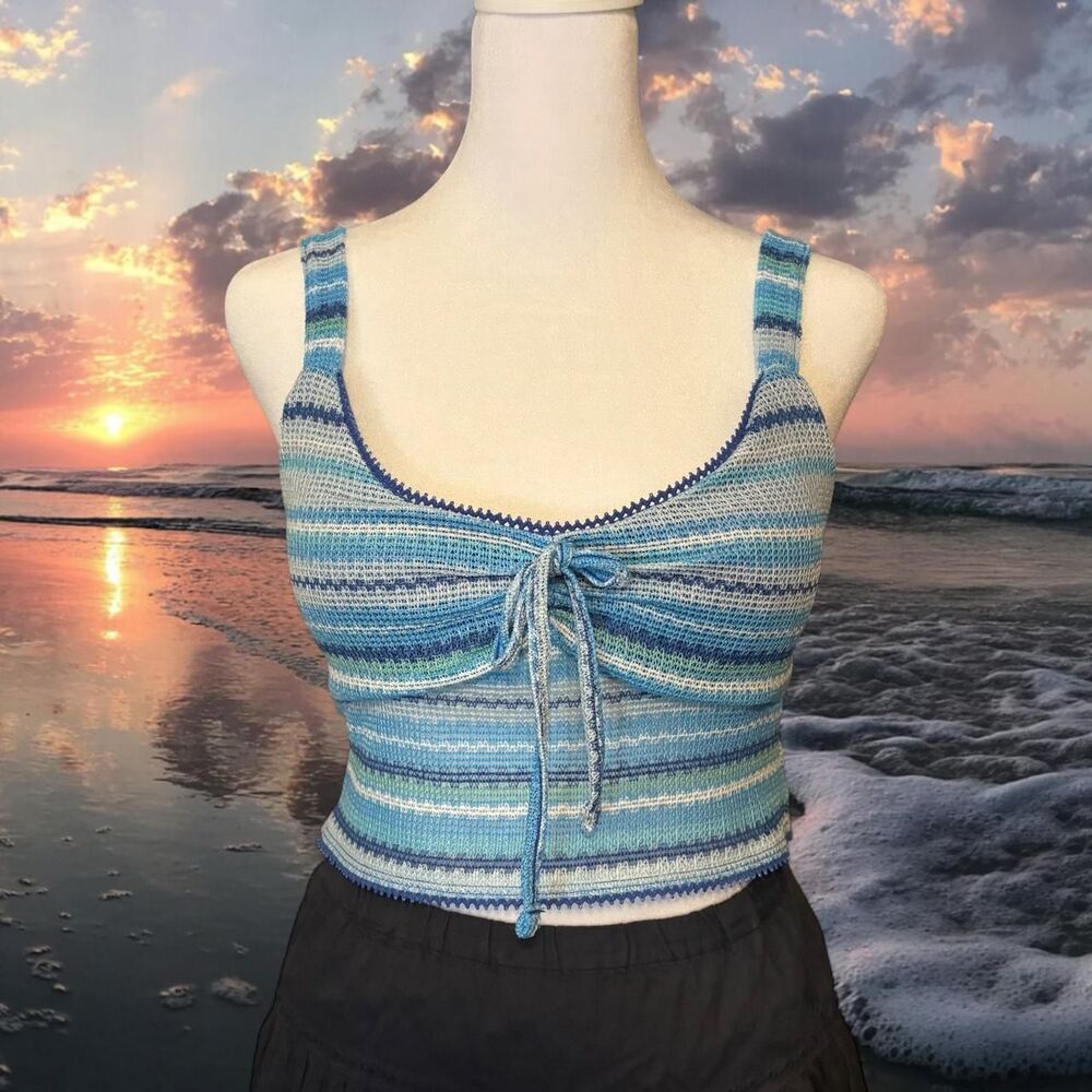 NWT Blue Stripe Top Small Knit Boho Festival Tie Front Crop Tank No Boundaires